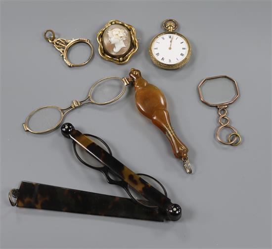 Two pairs of lorgnettes, a cameo brooch, two eye glasses and a 14k gold plated watch (6)